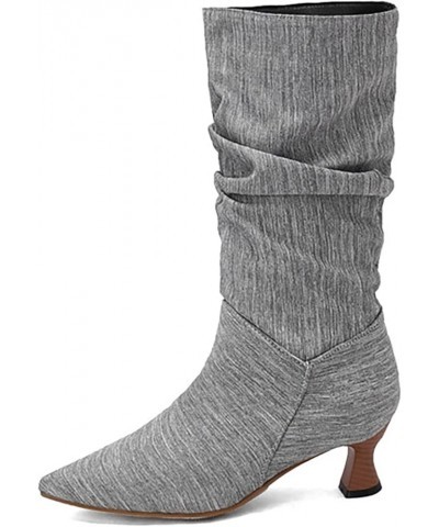 Womens Boots Fall 2023 Pointed Toe Denim Boots Knee High Boots Solid Pleated Western Boots Wedding Party Fall Boots Grey $26....