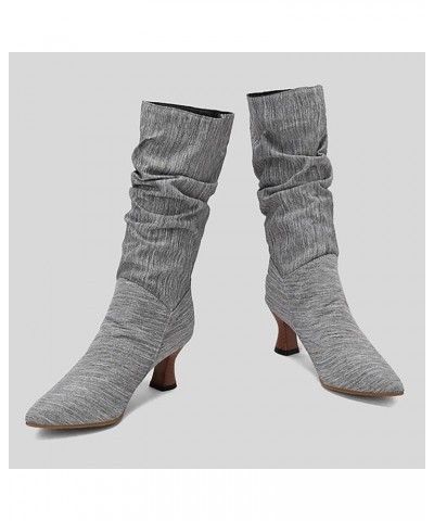 Womens Boots Fall 2023 Pointed Toe Denim Boots Knee High Boots Solid Pleated Western Boots Wedding Party Fall Boots Grey $26....