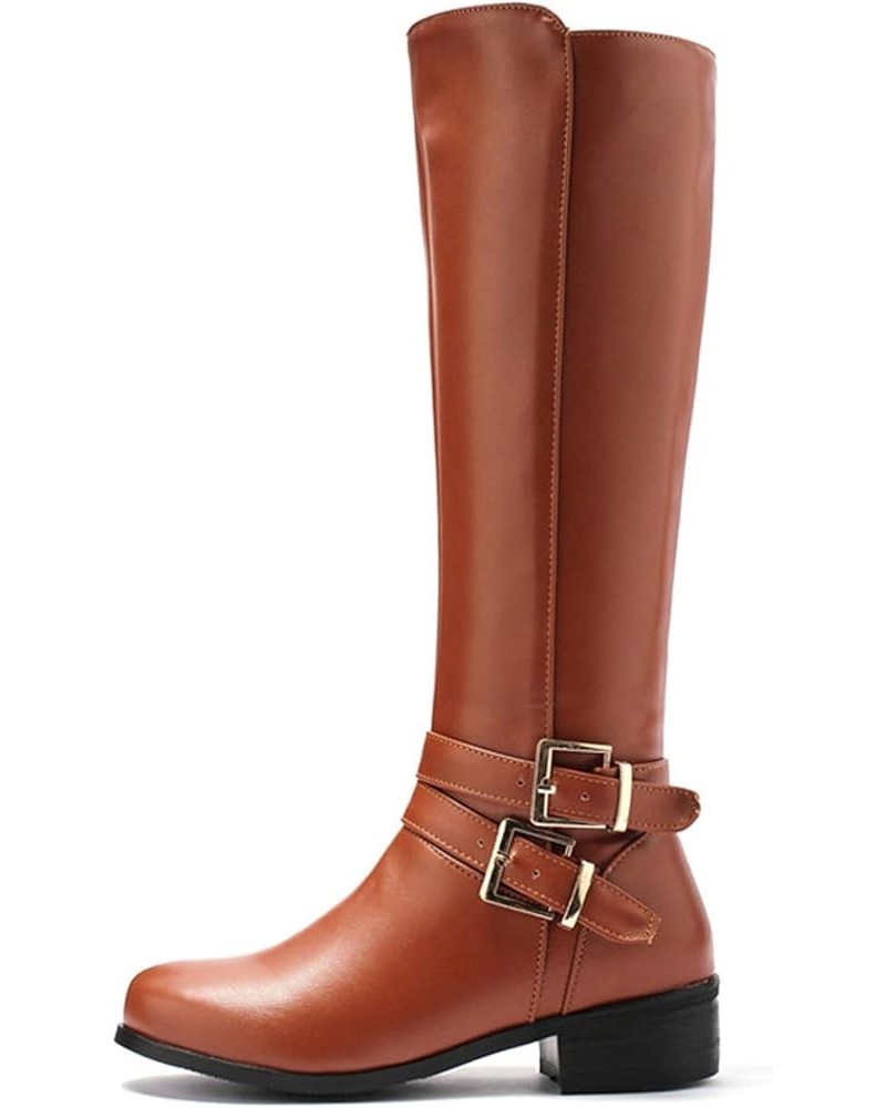 Women's Round Toe Knee High Boots Cold Weather Fur Warm Low Heel Waterproof Boots Fashion Riding Tall Boot Brown $31.57 Boots