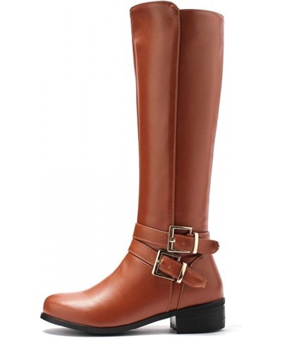 Women's Round Toe Knee High Boots Cold Weather Fur Warm Low Heel Waterproof Boots Fashion Riding Tall Boot Brown $31.57 Boots