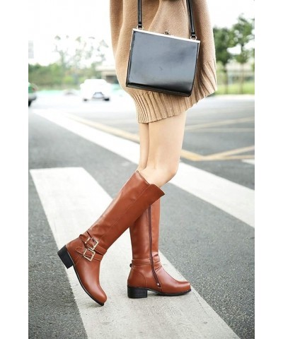 Women's Round Toe Knee High Boots Cold Weather Fur Warm Low Heel Waterproof Boots Fashion Riding Tall Boot Brown $31.57 Boots