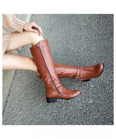 Women's Round Toe Knee High Boots Cold Weather Fur Warm Low Heel Waterproof Boots Fashion Riding Tall Boot Brown $31.57 Boots