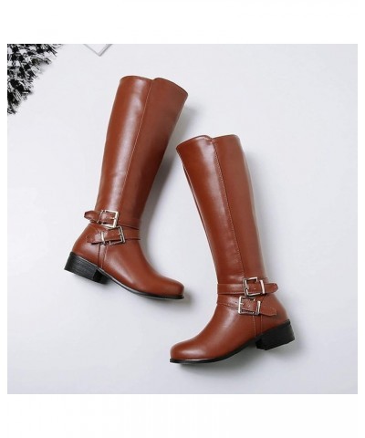 Women's Round Toe Knee High Boots Cold Weather Fur Warm Low Heel Waterproof Boots Fashion Riding Tall Boot Brown $31.57 Boots