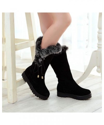 Women's Winter Mid Calf Boots Round Toe Suede Low Heel Faux Fur Warm Ankle Snow Booties Black $25.93 Boots