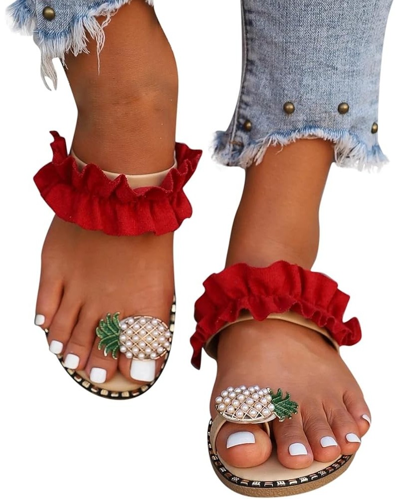 Sandals Women Dressy Summer Light Toe Ring Flat Sandals Crystal Casual Flip Flop Pineapple Style Women's Slipper Z10-red $10....