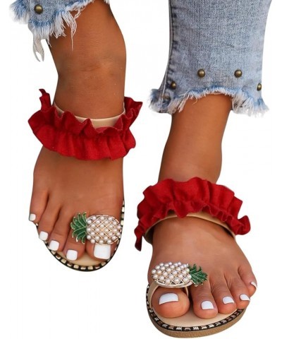 Sandals Women Dressy Summer Light Toe Ring Flat Sandals Crystal Casual Flip Flop Pineapple Style Women's Slipper Z10-red $10....