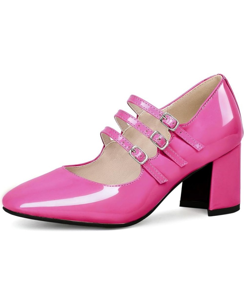 Women Patent Leather Mary Janes Square Toe Block Heel Pumps Strappy Retro Rockabilly Shoes Hot Pink $29.98 Pumps