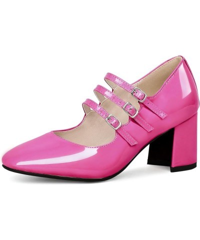 Women Patent Leather Mary Janes Square Toe Block Heel Pumps Strappy Retro Rockabilly Shoes Hot Pink $29.98 Pumps