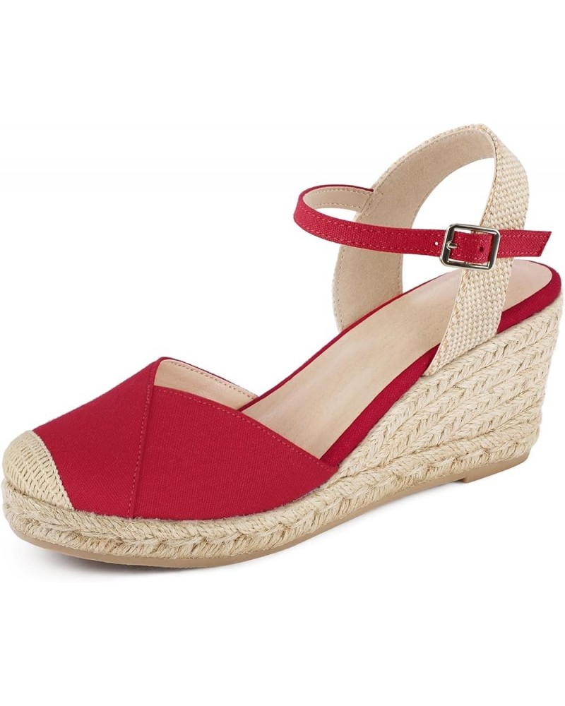 Women's Closed Toe Platform Sandals Summer Buckle Ankle Strap Espadrilles Wedge Sandals Red $21.19 Sandals