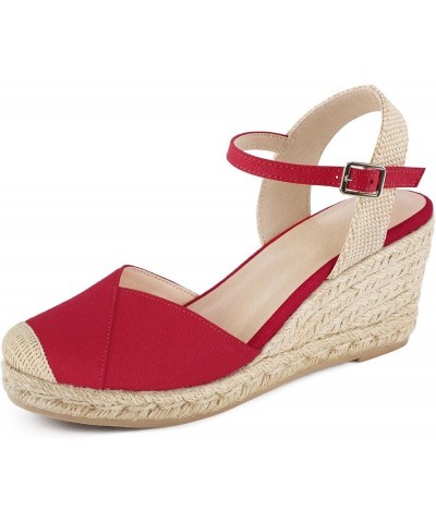 Women's Closed Toe Platform Sandals Summer Buckle Ankle Strap Espadrilles Wedge Sandals Red $21.19 Sandals