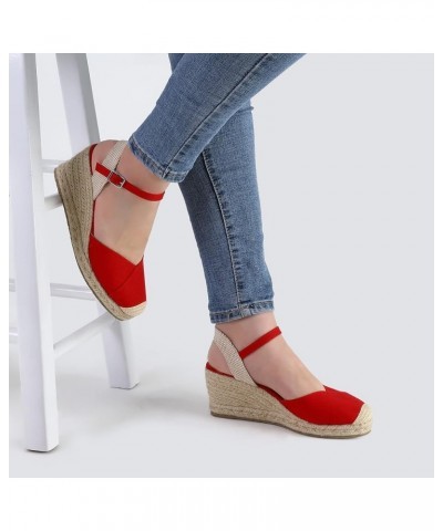 Women's Closed Toe Platform Sandals Summer Buckle Ankle Strap Espadrilles Wedge Sandals Red $21.19 Sandals