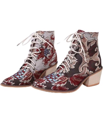 Women's Vintage Ankle Boots Embroidered Low Block Heel Cowboy Booties Lace up Red $25.83 Boots