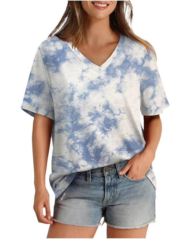 Women's T Shirt V Neck Short Sleeved Casual Loose T Shirt Top Will Be Popular in 2024 Hiking Shirts Women Light Blue $10.24 S...