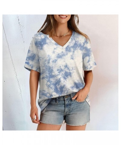 Women's T Shirt V Neck Short Sleeved Casual Loose T Shirt Top Will Be Popular in 2024 Hiking Shirts Women Light Blue $10.24 S...