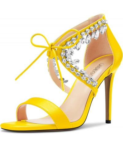 Women Stiletto High Heel Peep Open Toe Sandals Lace-up Rhinestone Crystal Party Cute 3.9 Inches Heels Yellow $44.38 Sandals