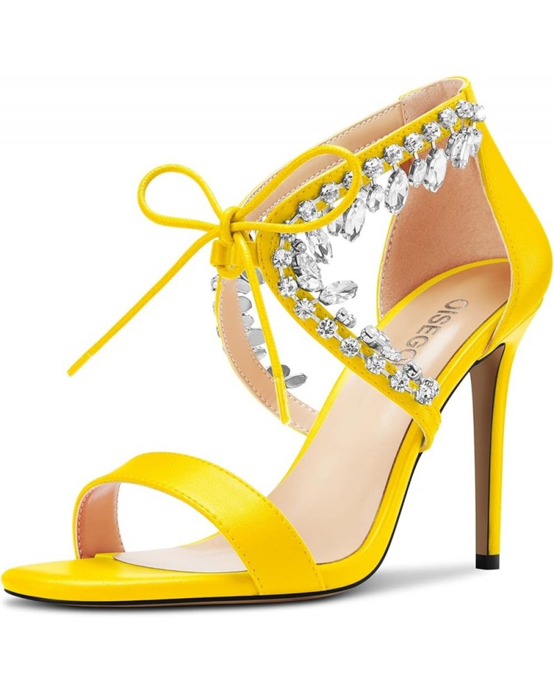 Women Stiletto High Heel Peep Open Toe Sandals Lace-up Rhinestone Crystal Party Cute 3.9 Inches Heels Yellow $44.38 Sandals