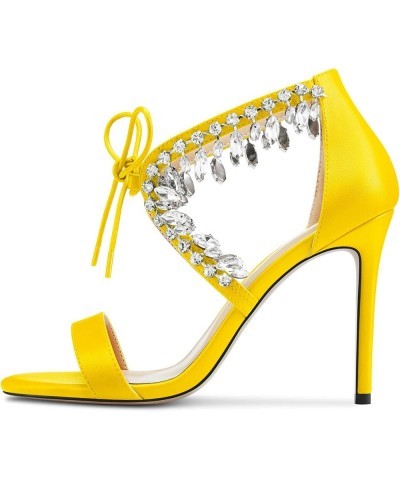 Women Stiletto High Heel Peep Open Toe Sandals Lace-up Rhinestone Crystal Party Cute 3.9 Inches Heels Yellow $44.38 Sandals