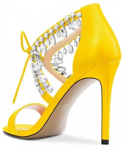 Women Stiletto High Heel Peep Open Toe Sandals Lace-up Rhinestone Crystal Party Cute 3.9 Inches Heels Yellow $44.38 Sandals