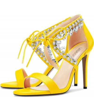 Women Stiletto High Heel Peep Open Toe Sandals Lace-up Rhinestone Crystal Party Cute 3.9 Inches Heels Yellow $44.38 Sandals