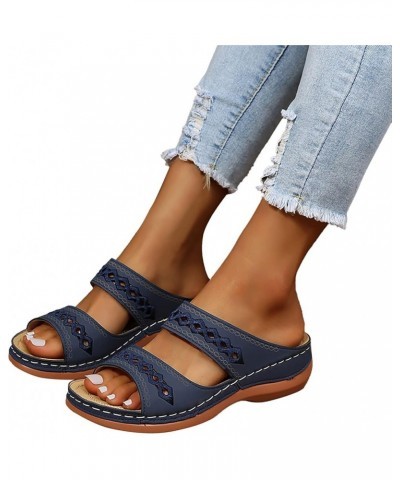 Sandals Women Dressy Summer Flowers Open Slip-On Flat Shoe Fashion Beach Slipper Bottomed Women's Strappy Sandals Z18-dark Bl...