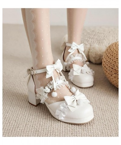 Womens DC709 Bow Metal Buckles Lace Nubuck Low Chunky Pumps White $35.09 Pumps