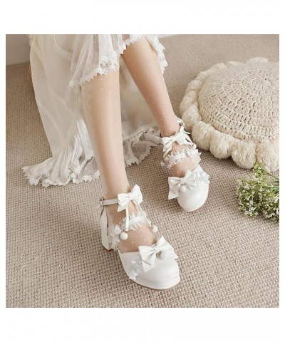 Womens DC709 Bow Metal Buckles Lace Nubuck Low Chunky Pumps White $35.09 Pumps