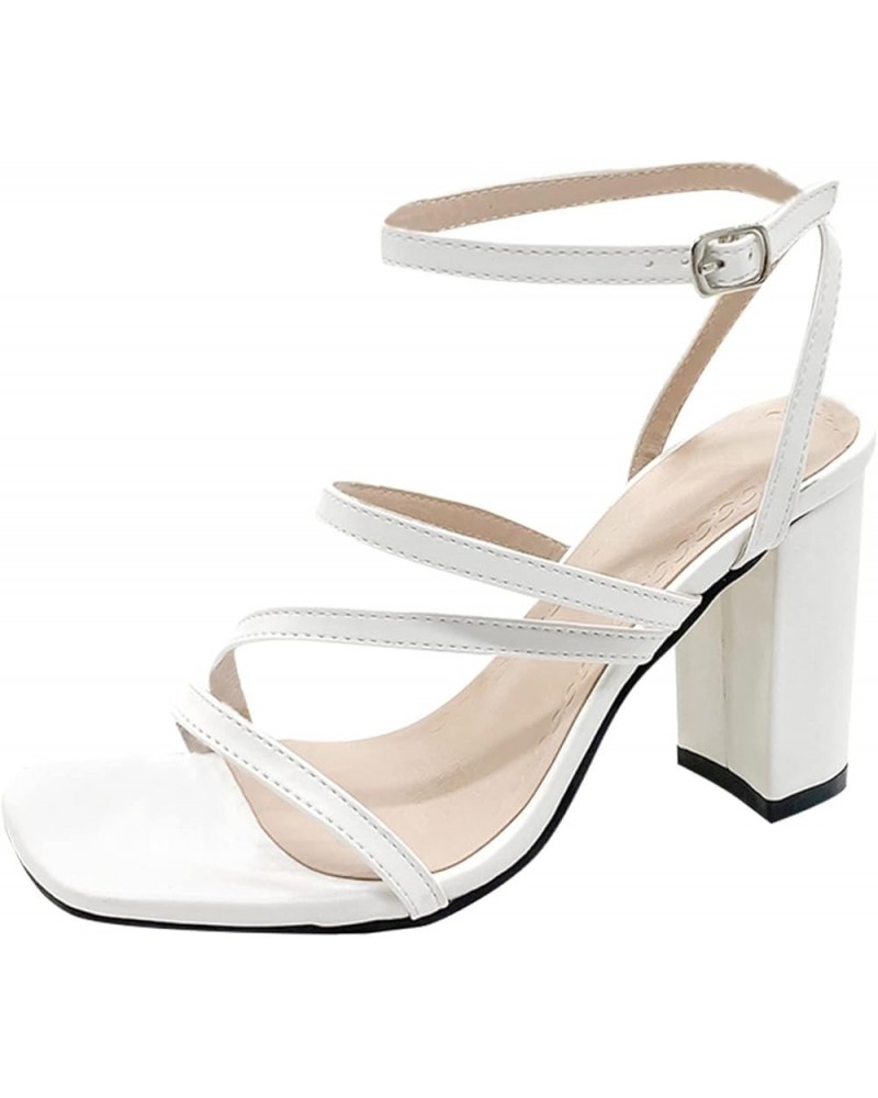 Sandals Women Summer, Fashion Comfortable Squared Toe High Block Heel Sandals Sexy Buckle Strap Heeled Sandals White $12.55 S...