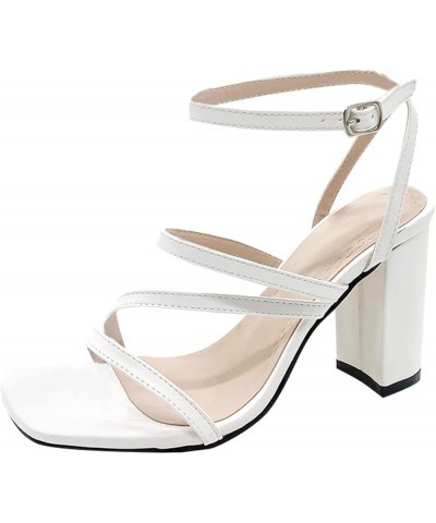 Sandals Women Summer, Fashion Comfortable Squared Toe High Block Heel Sandals Sexy Buckle Strap Heeled Sandals White $12.55 S...