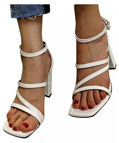 Sandals Women Summer, Fashion Comfortable Squared Toe High Block Heel Sandals Sexy Buckle Strap Heeled Sandals White $12.55 S...