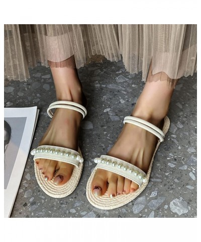 Womens Fuzzy Slippers Sandals Summer Fashion Pearl Straw Sole Flat Bottom Casual Simple Two Wear Beach Ladies Large Size Sand...