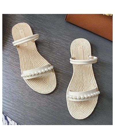 Womens Fuzzy Slippers Sandals Summer Fashion Pearl Straw Sole Flat Bottom Casual Simple Two Wear Beach Ladies Large Size Sand...