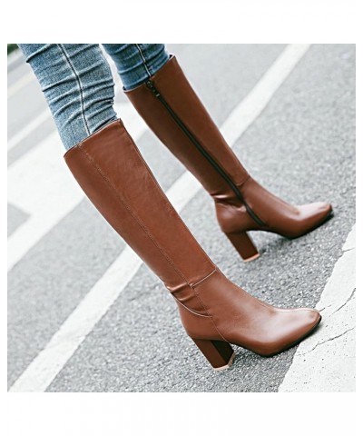 Women's Thick Heel High Heel Square Head Fashionable Versatile Warm And Comfortable Boots Insulated Boots Women Brown $23.61 ...