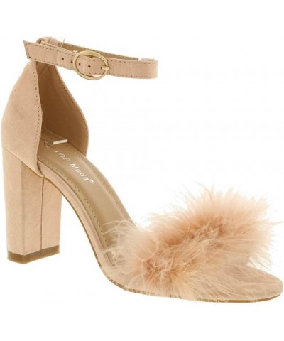 Women Chunky Heels Ankle Strap Sandals with Fur Taupe $20.23 Sandals