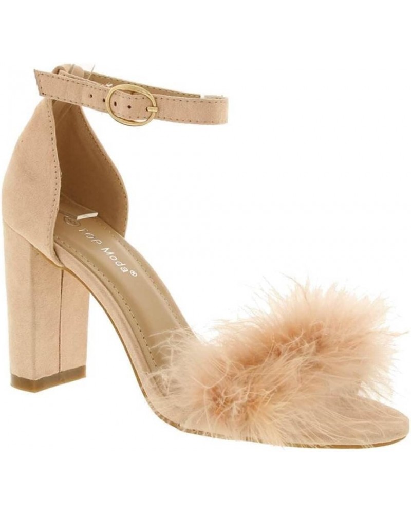 Women Chunky Heels Ankle Strap Sandals with Fur Taupe $20.23 Sandals