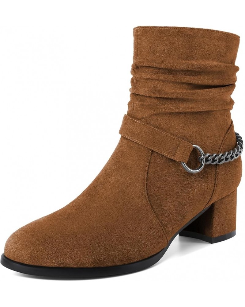 Women's Slouchy Ankle Boots Low Block Heels Round Toe Booties Side Zipper 2 Inch Fall Boots With Chain Strap Suede Brown $40....