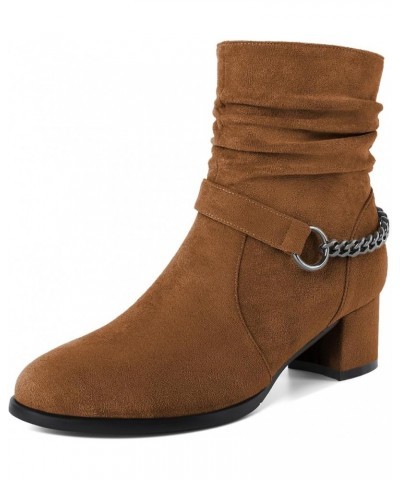 Women's Slouchy Ankle Boots Low Block Heels Round Toe Booties Side Zipper 2 Inch Fall Boots With Chain Strap Suede Brown $40....