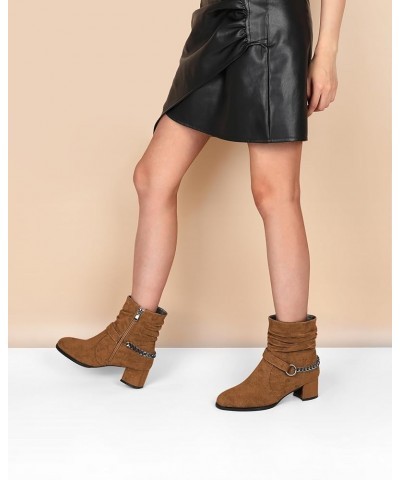 Women's Slouchy Ankle Boots Low Block Heels Round Toe Booties Side Zipper 2 Inch Fall Boots With Chain Strap Suede Brown $40....