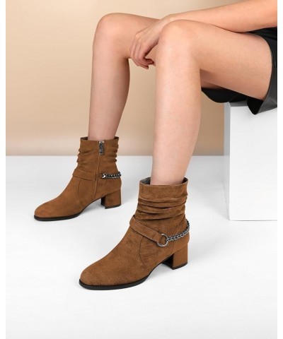 Women's Slouchy Ankle Boots Low Block Heels Round Toe Booties Side Zipper 2 Inch Fall Boots With Chain Strap Suede Brown $40....