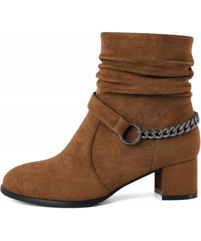 Women's Slouchy Ankle Boots Low Block Heels Round Toe Booties Side Zipper 2 Inch Fall Boots With Chain Strap Suede Brown $40....