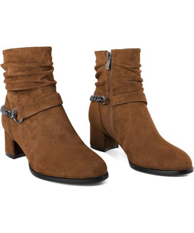 Women's Slouchy Ankle Boots Low Block Heels Round Toe Booties Side Zipper 2 Inch Fall Boots With Chain Strap Suede Brown $40....