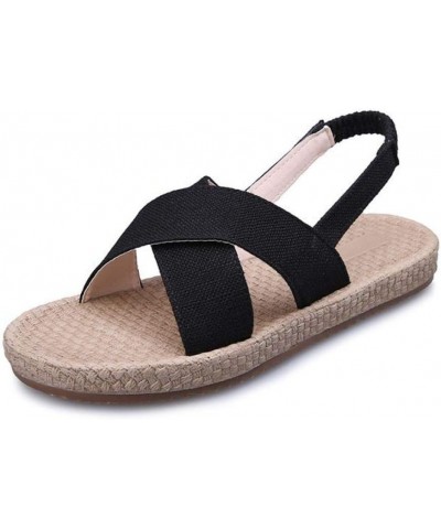 Women's Espadrille Open Toe Flat Sandals Denim Crisscorss Strap Elastic Band Summer Slip On Shoes Black $20.11 Sandals