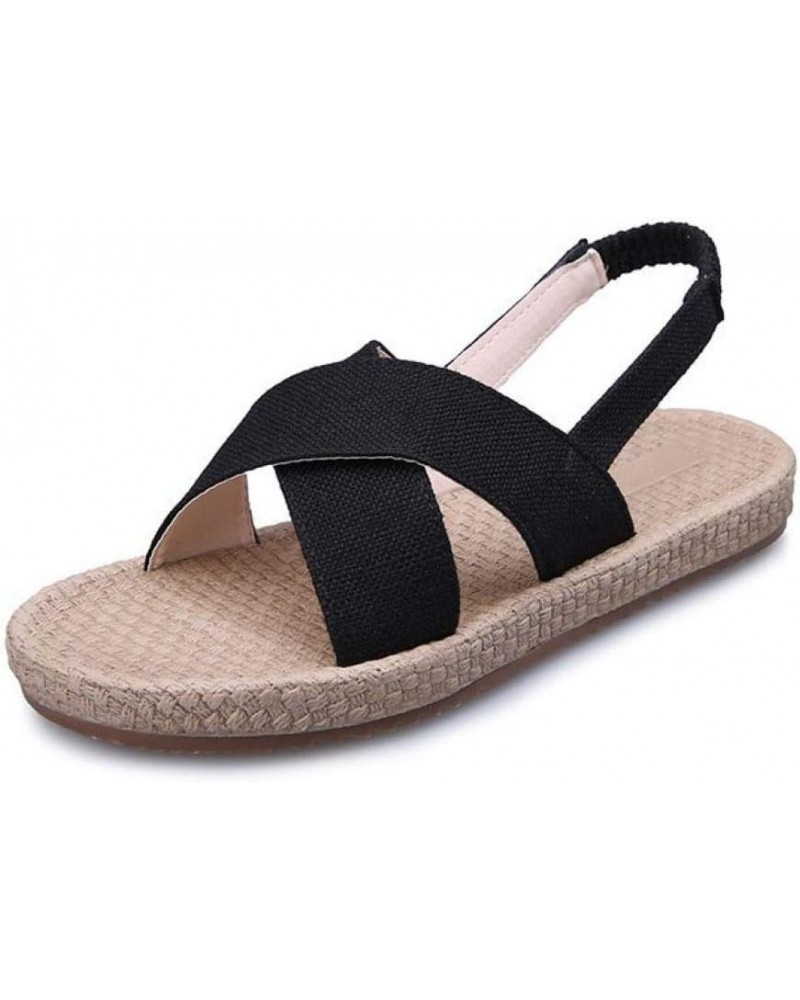 Women's Espadrille Open Toe Flat Sandals Denim Crisscorss Strap Elastic Band Summer Slip On Shoes Black $20.11 Sandals