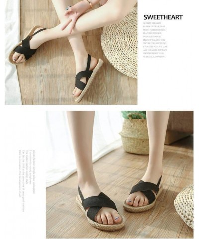 Women's Espadrille Open Toe Flat Sandals Denim Crisscorss Strap Elastic Band Summer Slip On Shoes Black $20.11 Sandals