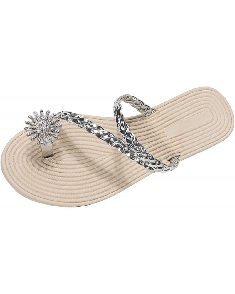 Fuzzy Sandal Slippers Women Ladies Fashion Summer Solid Color Leather Rhinestone Clip Toe Straw Woven Flat Slippers (Silver, ...