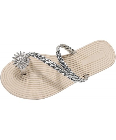 Fuzzy Sandal Slippers Women Ladies Fashion Summer Solid Color Leather Rhinestone Clip Toe Straw Woven Flat Slippers (Silver, ...