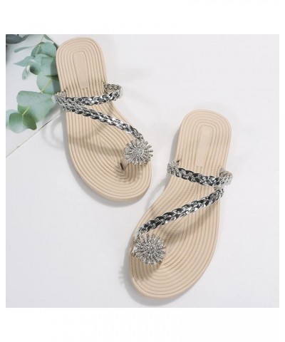 Fuzzy Sandal Slippers Women Ladies Fashion Summer Solid Color Leather Rhinestone Clip Toe Straw Woven Flat Slippers (Silver, ...