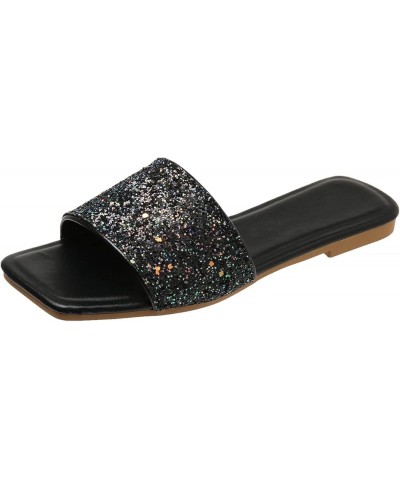 Retro Crystal Sequin Sandals for Women Dressy Summer Square Open Toe Flat Sandals Summer Slip on Dressy Sandals 6.5 Black $13...