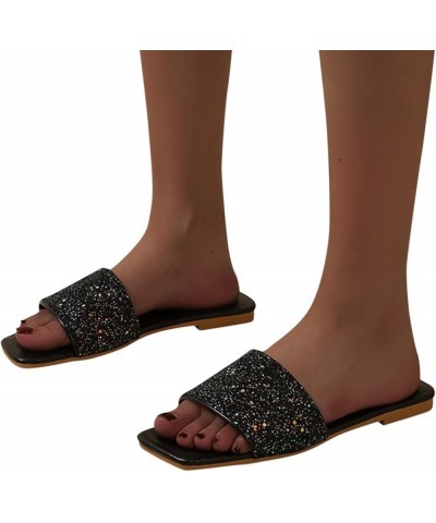 Retro Crystal Sequin Sandals for Women Dressy Summer Square Open Toe Flat Sandals Summer Slip on Dressy Sandals 6.5 Black $13...