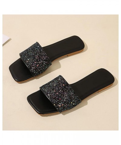 Retro Crystal Sequin Sandals for Women Dressy Summer Square Open Toe Flat Sandals Summer Slip on Dressy Sandals 6.5 Black $13...