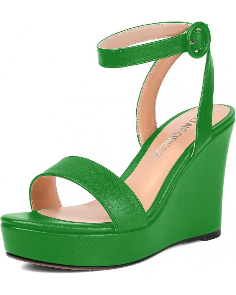 Womens Ankle Strap Solid Party Sexy Open Toe Matte Round Toe Buckle Wedge High Heel Heeled Sandals 4 Inch Green $42.04 Sandals